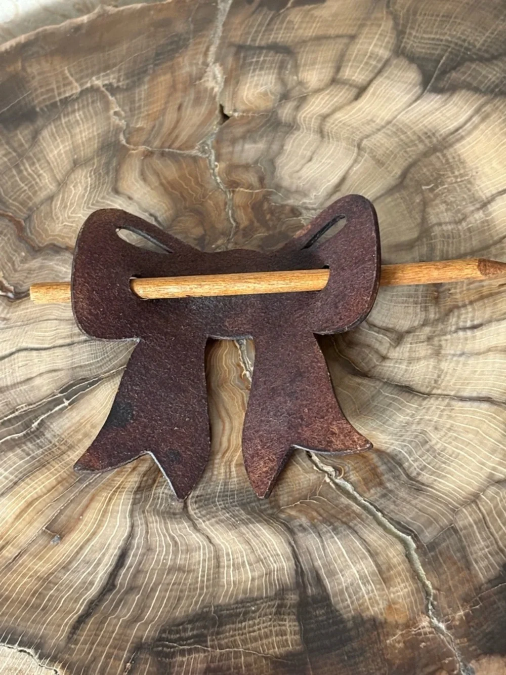 Brown Leather Bow Vintage Hair Clip with Wooden Stick